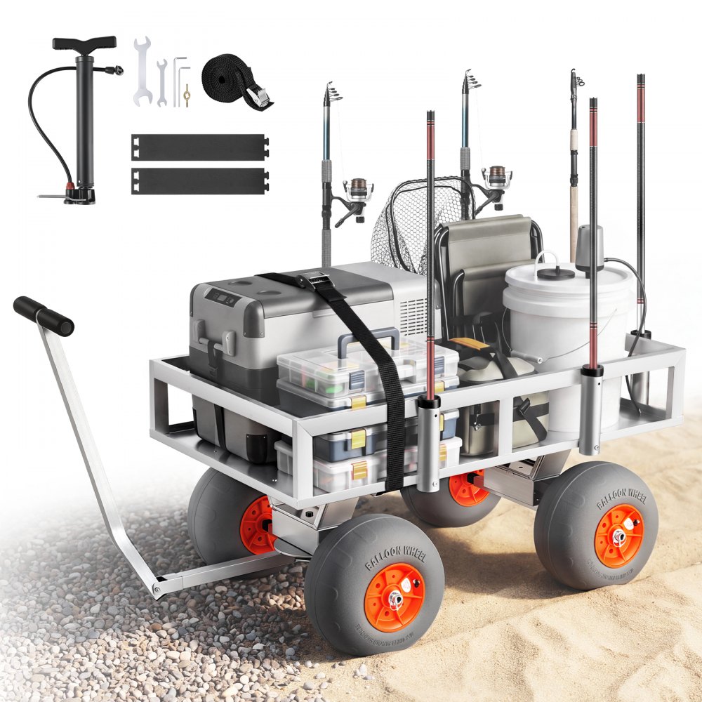 Chariot de pêche pliable, chariot à main de 159 kg avec 4 pneus pneumatiques en PU pour tout terrain, chariot de transport avec cadre en aluminium et 6 supports de canne, chariot de transport multifonctionnel pour la pêche, le camping, la plage Chariot de pêche pliable, chariot à main de 159 kg avec 4 pneus pneumatiques en PU pour tout terrain, chariot de transport avec cadre en aluminium et 6 supports de canne, chariot de transport multifonctionnel pour la pêche, le camping, la plage