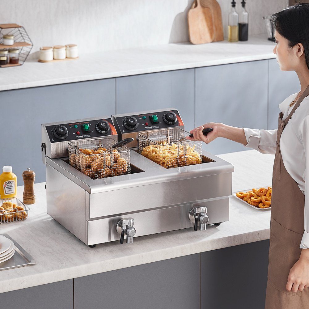 Commerciële friteuse 2 x 8L, 3KW elektrische aanrechtfriteuse met dubbele tank en mand, roestvrijstalen dubbele oliefriteuse, tijd- en temperatuurregeling, voor keukenrestaurants