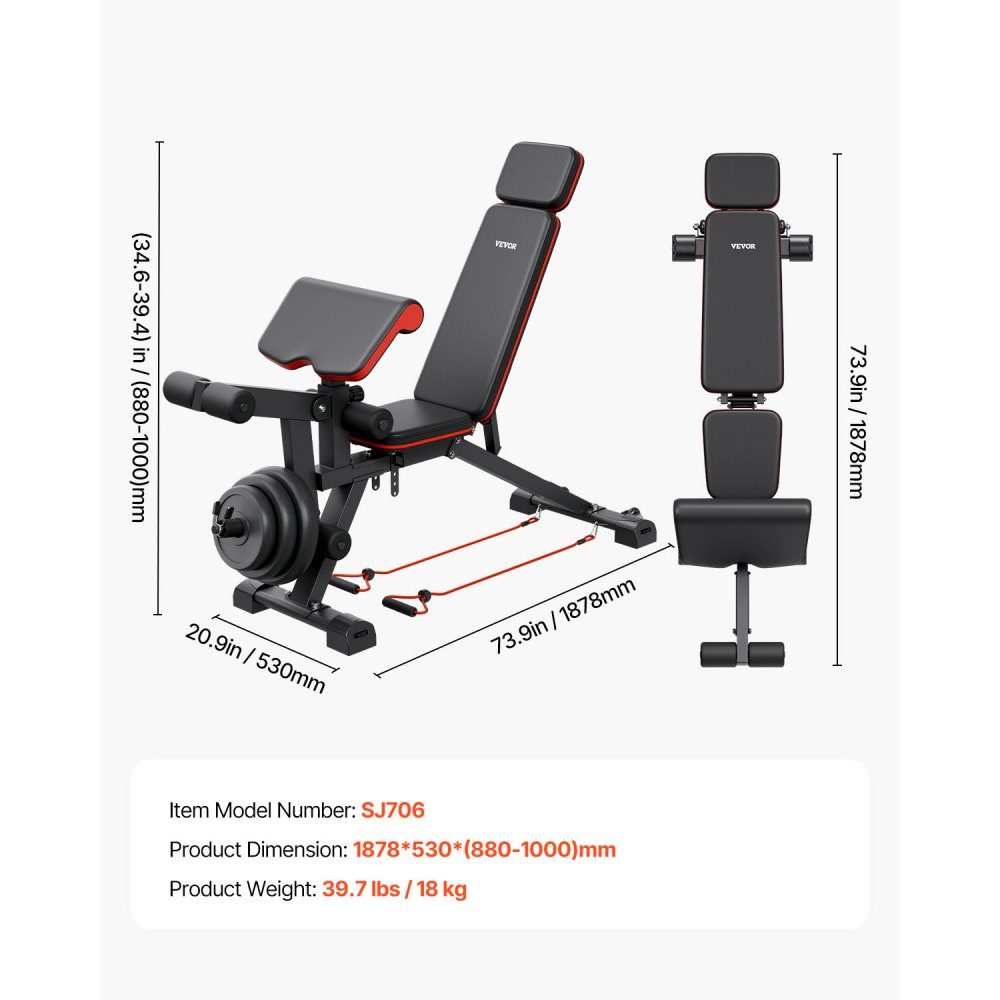 Weight bench, adjustable custom trainer for full body training (363 kg load capacity), sit-up training bench, fitness bench, flat bench with leg extension, preacher pad, quick adjustment