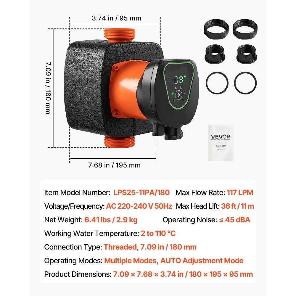 LPS25-11PA/180 Circulation Pump Circulation Pump 117LPM 11m Max Head Cast Iron Hot Water Circulation Threaded Connection Check Valve Quiet Operation for Home Heating