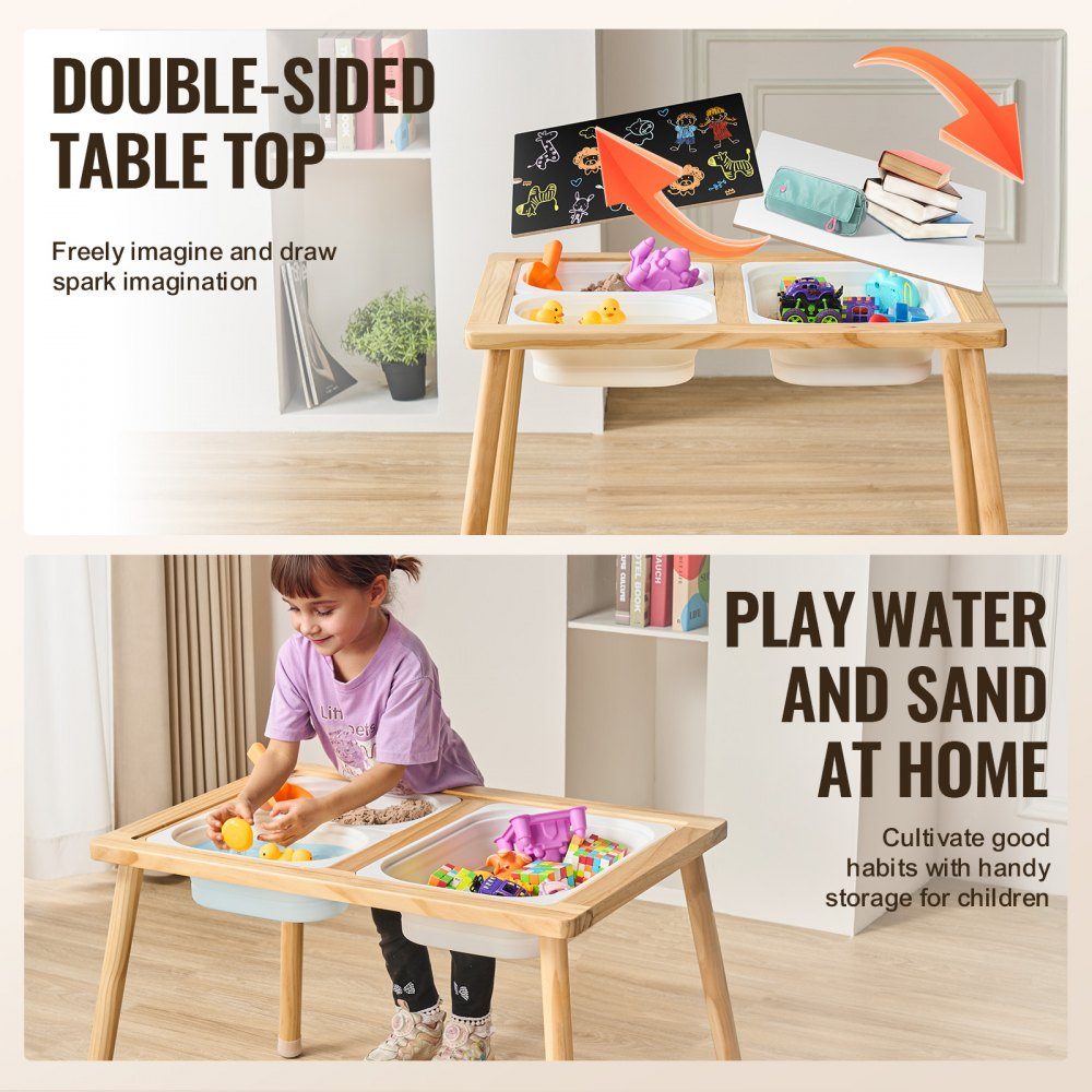 Sensory Table for Toddlers, Activity Table with 3 Foldable Storage Bins and Double Sided Board, Sand and Water Table, Wooden Sensory Table for Kids to Learn Drawing and Eating