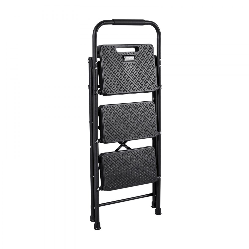 Step Ladder 3 Steps, Folding Ladder with Non-Slip Steps & Comfortable Handle, Household Ladder 272kg Load Capacity, Folding Step, Safety Ladder for Kitchen, Home & Office, Black