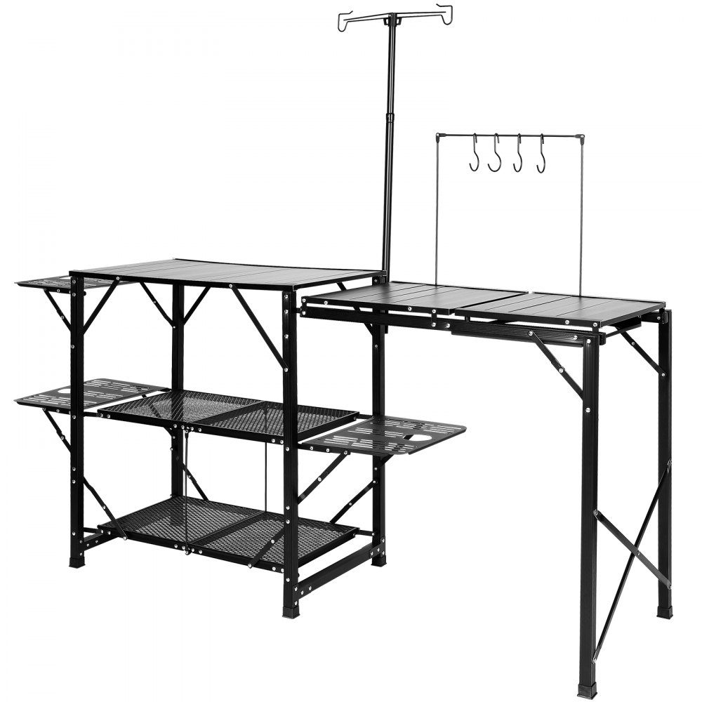 Camping kitchen, outdoor camping kitchen, 174 x 50 x 160 cm, travel kitchen, tent cupboard, foldable, 40 + 22 kg, folding camping table, kitchen box, worktop, space for the sink, carrying bag, black