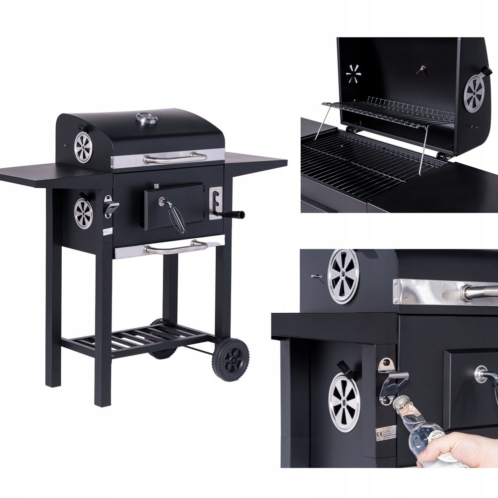 BBQ-Holzkohlegrill-Smoker-Set mit Deckel, höhenverstellbar, 2 Seitenablagen