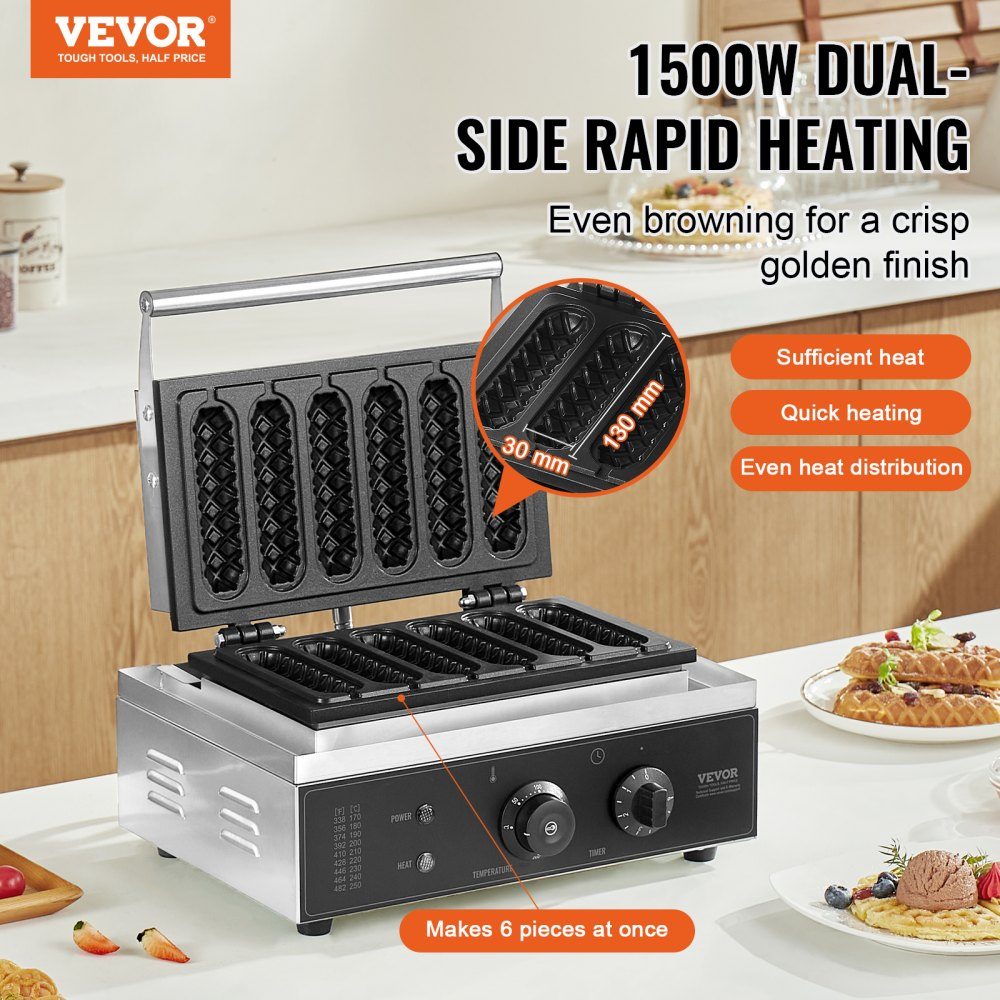 Commercial Waffle Iron Waffle Maker 6pcs 1500W Non-Stick Stainless Steel Corn Hot Dog Waffle Maker with Temperature and Time Control for Restaurant Bakery Snack Bar Family