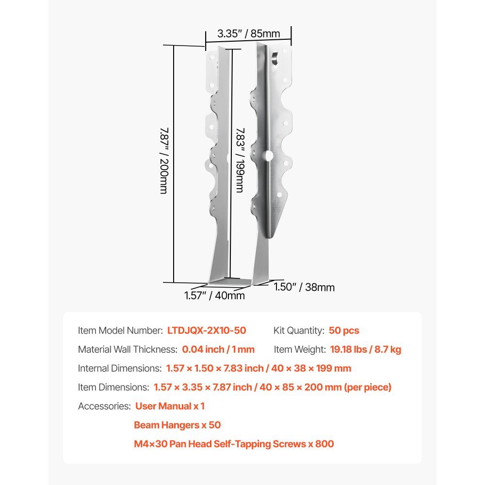 50 pieces. Beam shoe, wooden connector, internal dimensions 40x38x199 mm, beam connector, beam support with rust protection coating, post support connection clamps for floor coverings and ceiling ties