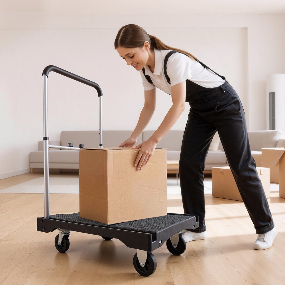 Folding platform trolley 150 kg, transport trolley with swivel castor, hand trolley with non-slip loading surface and adjustable handle, folding trolley transport aid, 680x495x1150 mm trolley for warehouse