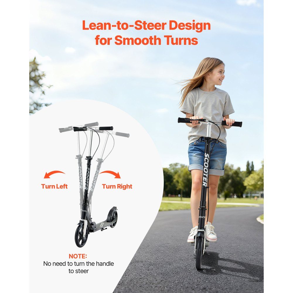 Trottinette (2 roues) pour enfants à partir de 8 ans, trottinette de ville, trottinette enfant, trottinette de rue avec guidon réglable en hauteur & plateau antidérapant & frein à main, trottinette jusqu'à 100 kg, noir + argent