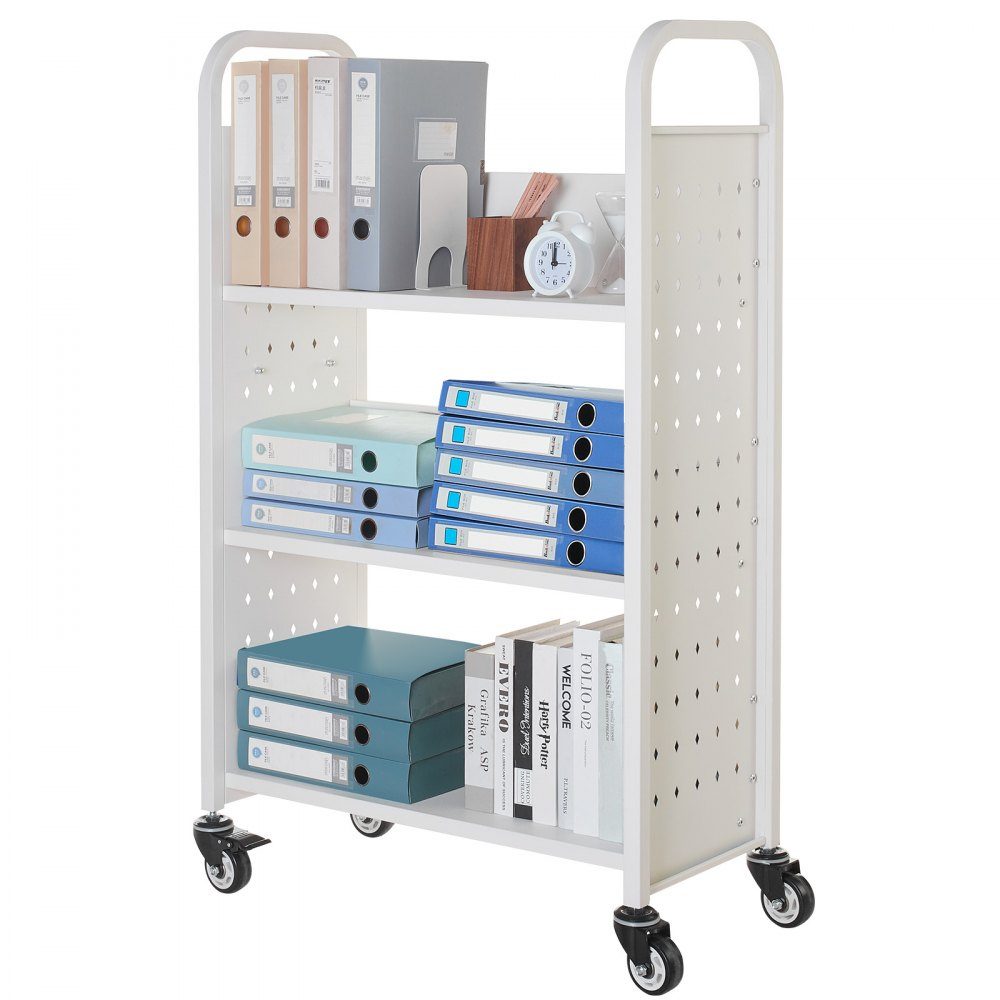 Wózek na książki 150 kg Nośność Wózek biblioteczny 77 x 38 x 122 cm Jednostronny regał w kształcie litery L z podwójnymi kółkami hamulcowymi Wózek na książki do salonu Biuro Szkoła Biały