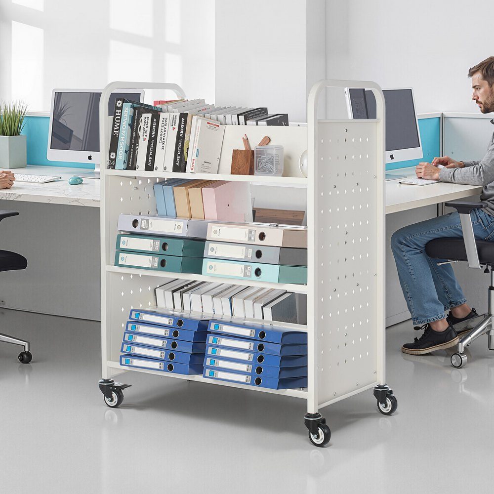 Book Trolley 150kg Load Capacity Library Trolley 97 x 51.5 x 122.5cm Double Sided W Shaped Bookshelf with Double Brake Wheels Bookshelf Trolley for Living Room Office School White