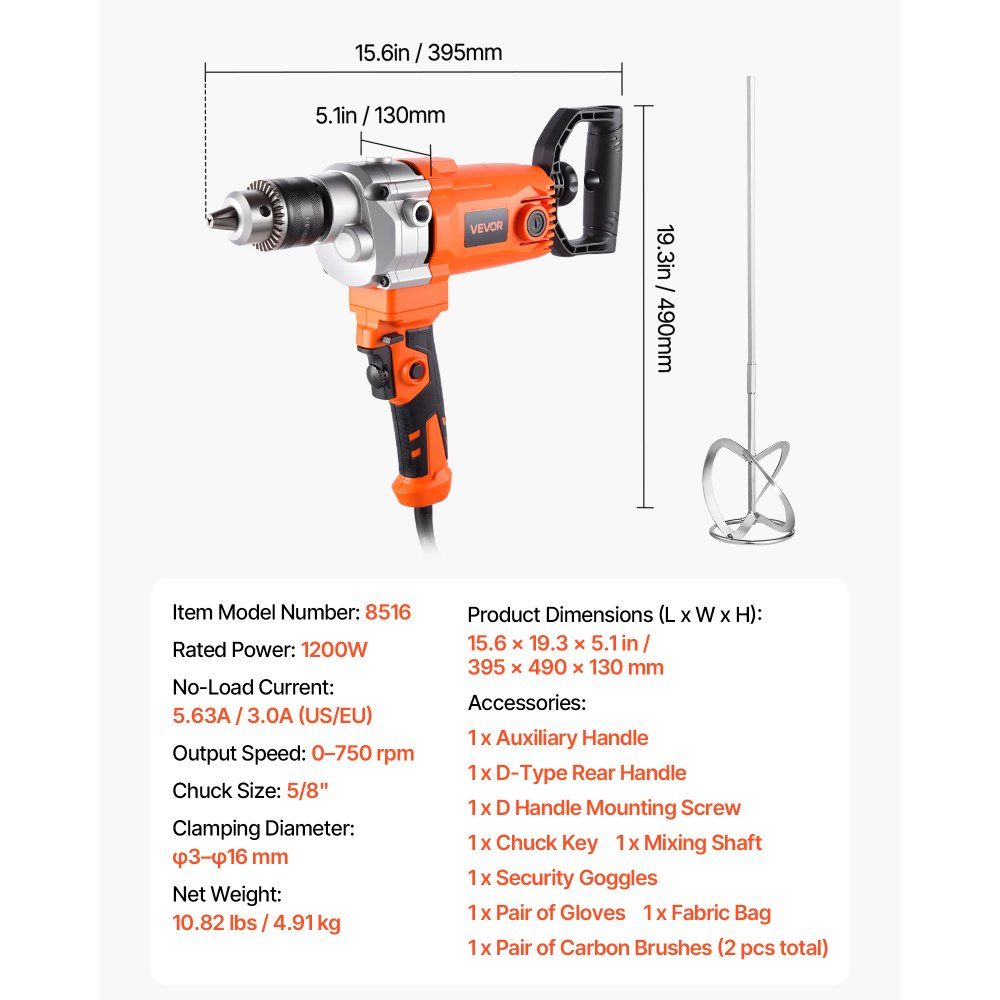 Perceuse électrique 15,89 mm 1200 W avec mélangeur, ensemble de mélangeur, 750 tr/min, 3,2 A, perceuse avec poignée en D pour percer et mélanger, mélangeur à béton manuel pour alimentation du ciment