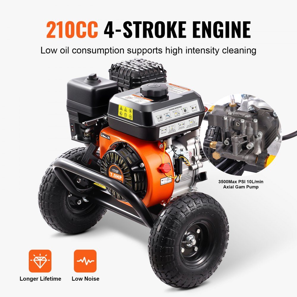 Benzin-Hochdruckreiniger, 3500 PSI 10 l/min, 2,6 GPM Terrassenreiniger mit Aluminiumpumpe, Druckpistole und Verlängerungsstab, 5-Düsen-Set, für Autos, Zäune, Häuser, Einfahrten, Terrassen