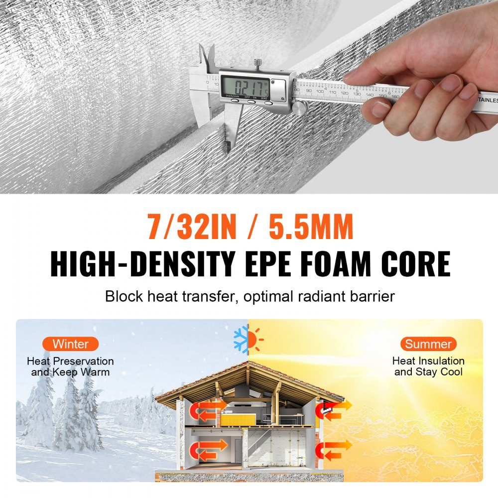 Double Reflective Insulation Roll, Radiant Barrier with Foam Core, 5.5mm, 48" x 50ft, Double Sided Heat Reflective Sign Made of Aluminum Foil and EPE Foam, Thermal Insulation Roll for Windows and RV Roofs