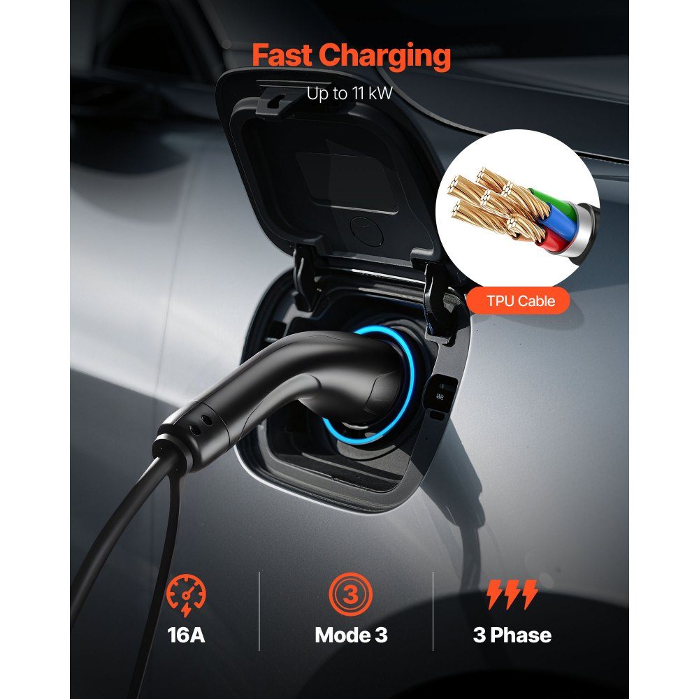 EV Charging Cable 16A 7m Max 11kW Extension Cable Compatible with Type 2 Electric Vehicle Chargers 3 Phase AC 480V 50Hz IP65-Autoladekabel with Carry Bag