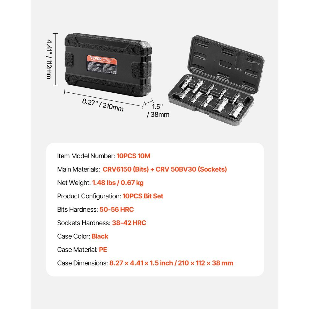 XZN 10pcs Triangle Spline Bit Socket Set M4-M18 High Quality Cr-V Steel 1/4" 3/8" 1/2" Drives with Improved Storage Case for Automotive Industry