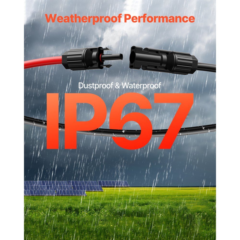 100ft Solar Cable, Solar Panel Cable, 10AWG Solar Extension Cable, IP67 Waterproof PV Cable for Home Solar Panels, -40 to 105℃, Ships and RVs, Black