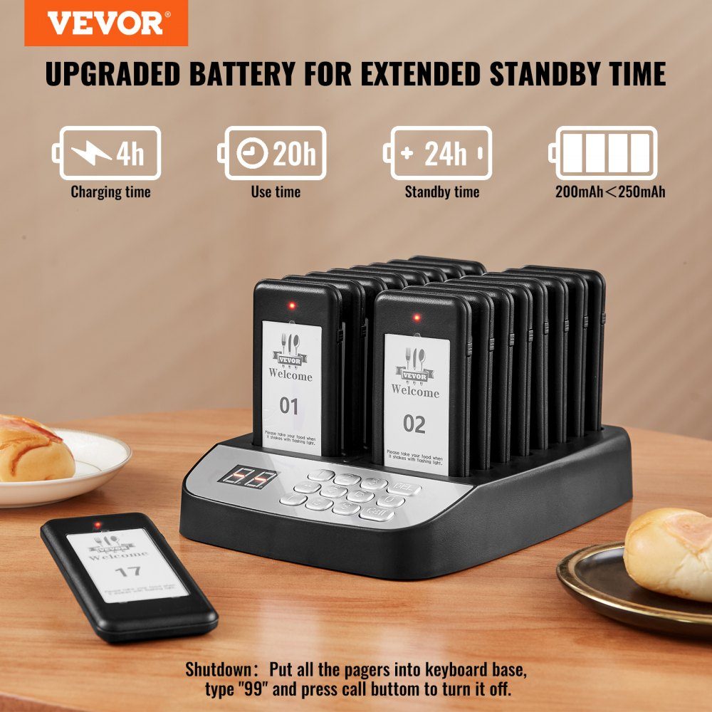 Restaurant Pager System, Wireless Queue Signal with 500m Range, Guest Call Beeper with Vibration and Flashing, 16 Pagers for Food Truck, Church