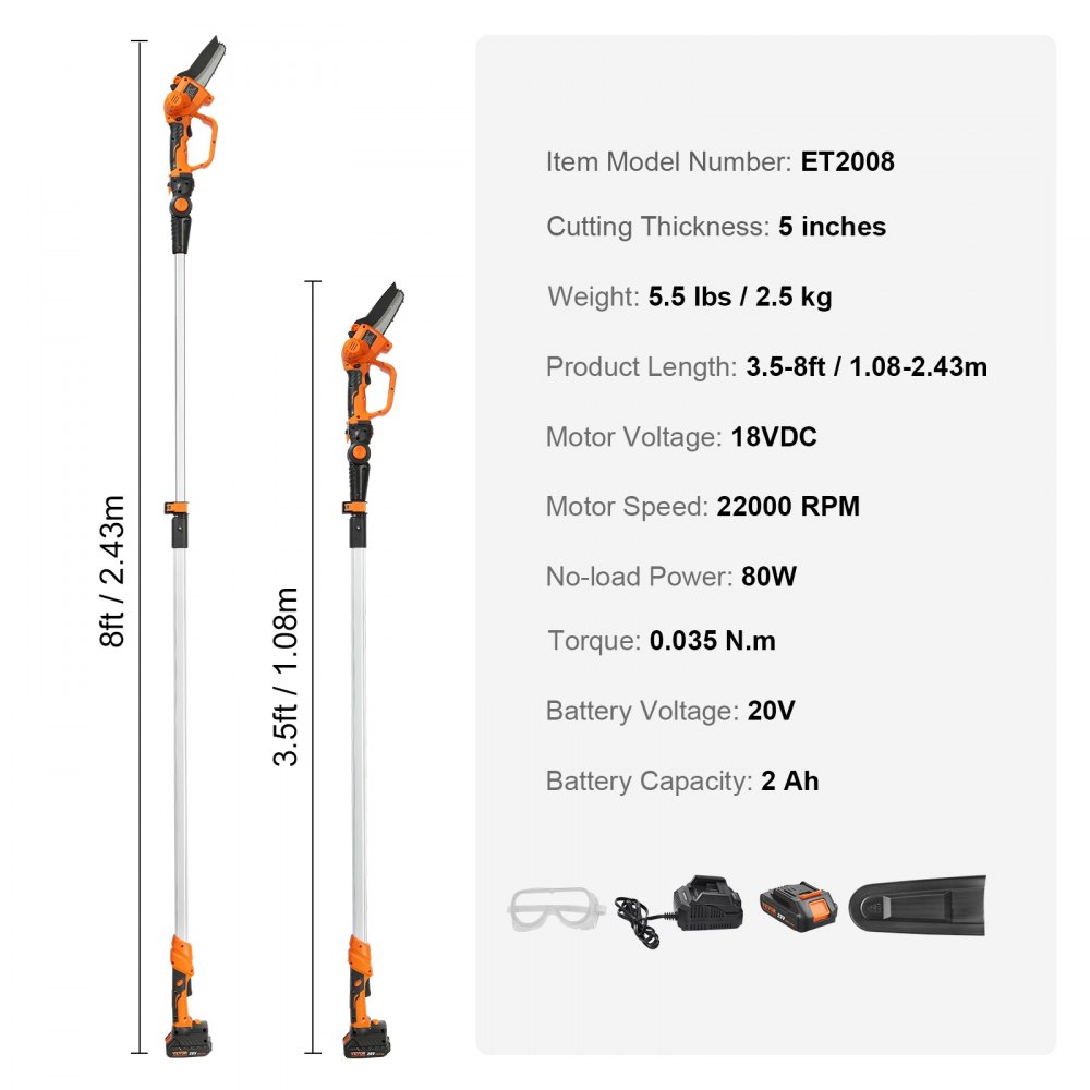 Mini-Kettensäge mit Akku, 20 V, 2 Ah, bürstenloser Motor, 2-in-1-Akku-Gartenschere, 22.000 U/min, elektrische Kettensäge, Teleskop-Heckenschere, Astsäge mit Teleskopgriff-Auszugslänge bis zu 2,43 m