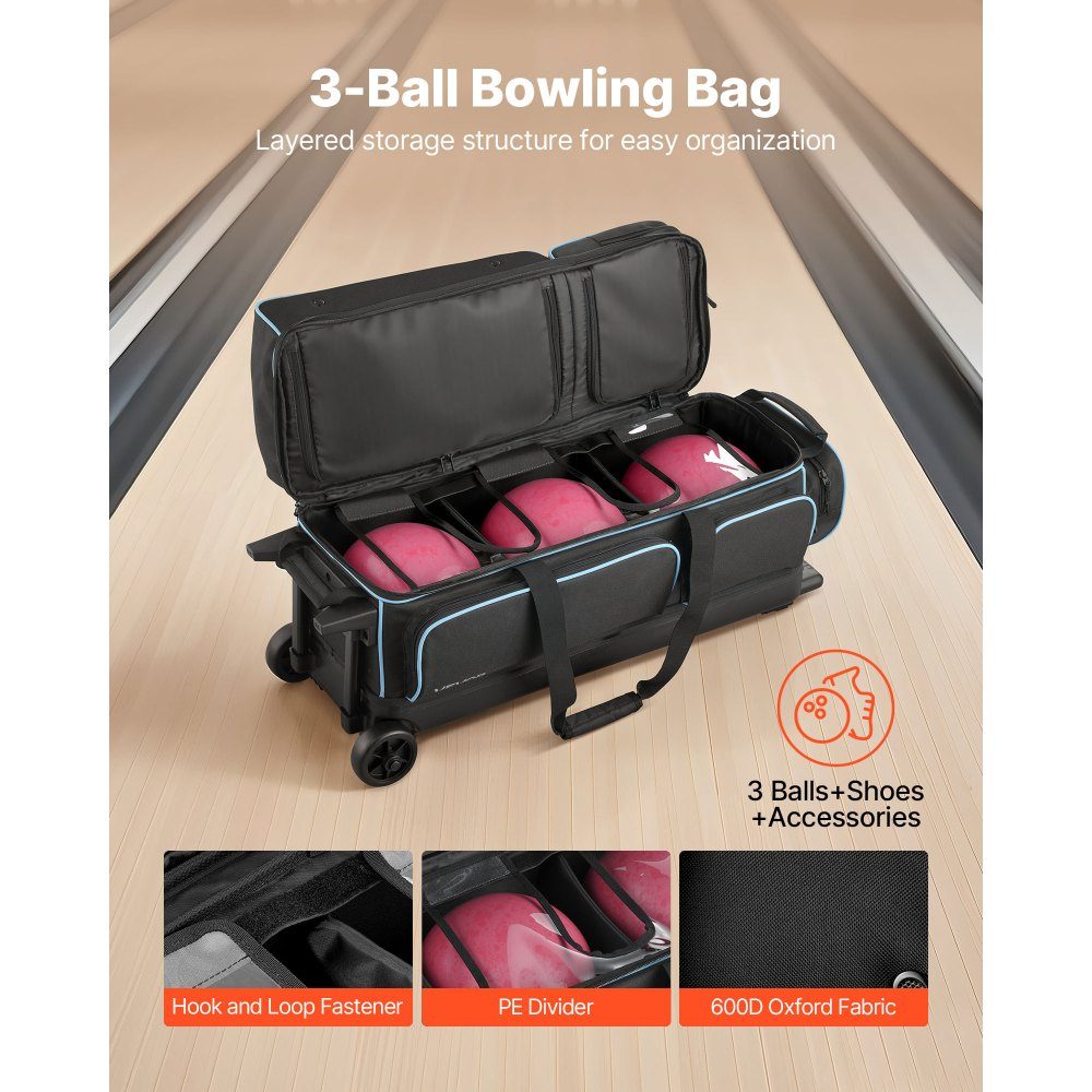 Bowling ball bag for 3 balls with double wheels and separate compartment for shoes (up to US size 16) and oversized accessory pocket, extendable handle, extends to 105 cm, black + blue