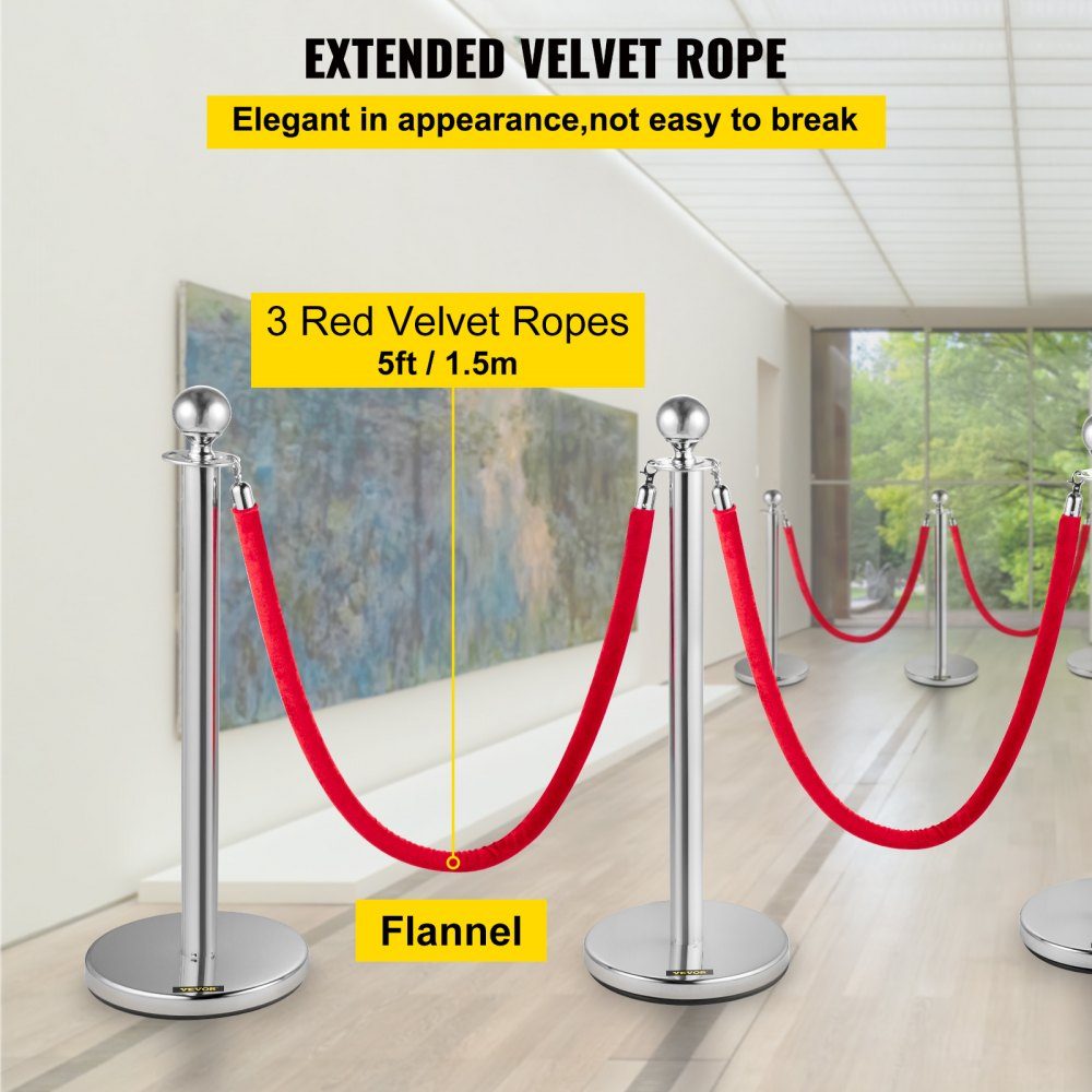 Roestvrijstalen slagboompalen, afbakeningsstandaard voor touw, kogelkop, 3 rode fluwelen touwen, zilveren zuil, 4-pack crowd control-barrières