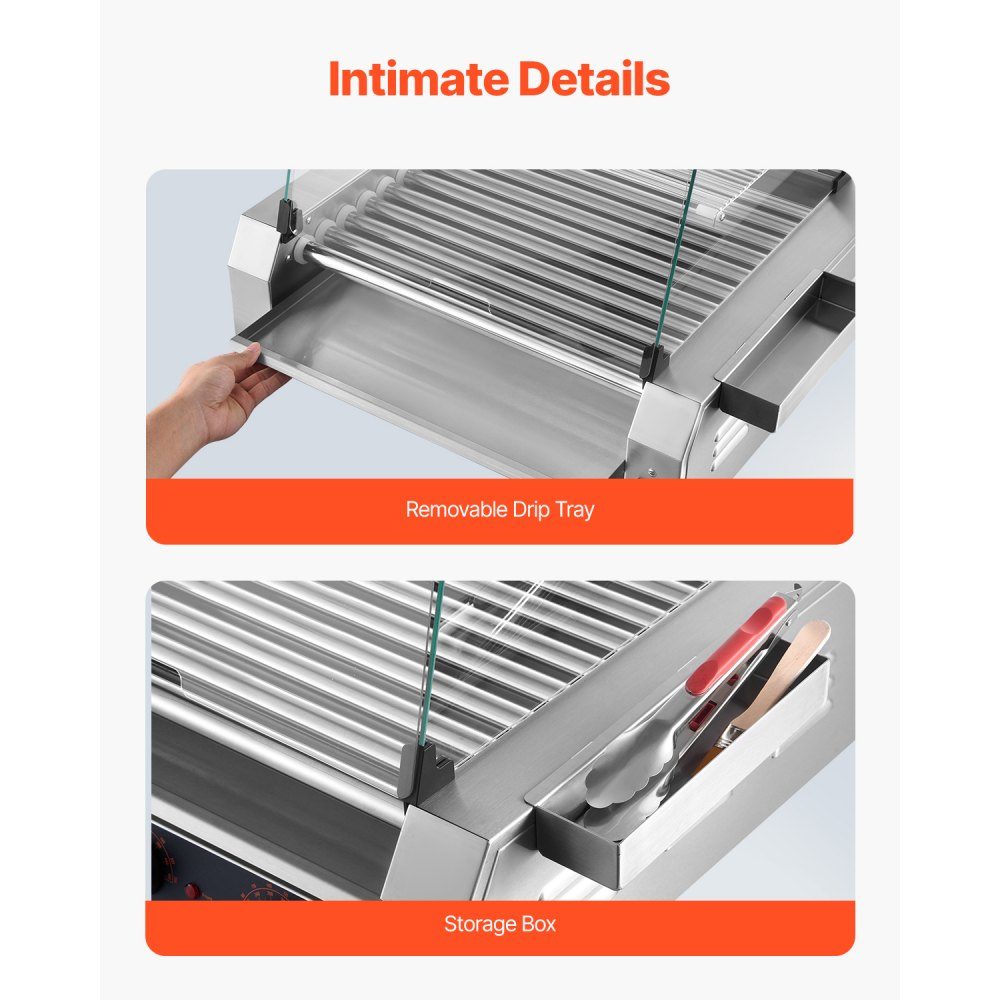 Hot Dog Grill Machine Hot Dogs 11 Rolls Stainless Steel 2200W Electric Grill with Cover & 2 Temperature Controls & Side Storage Box & Removable Shelf & Oil Drip Tray