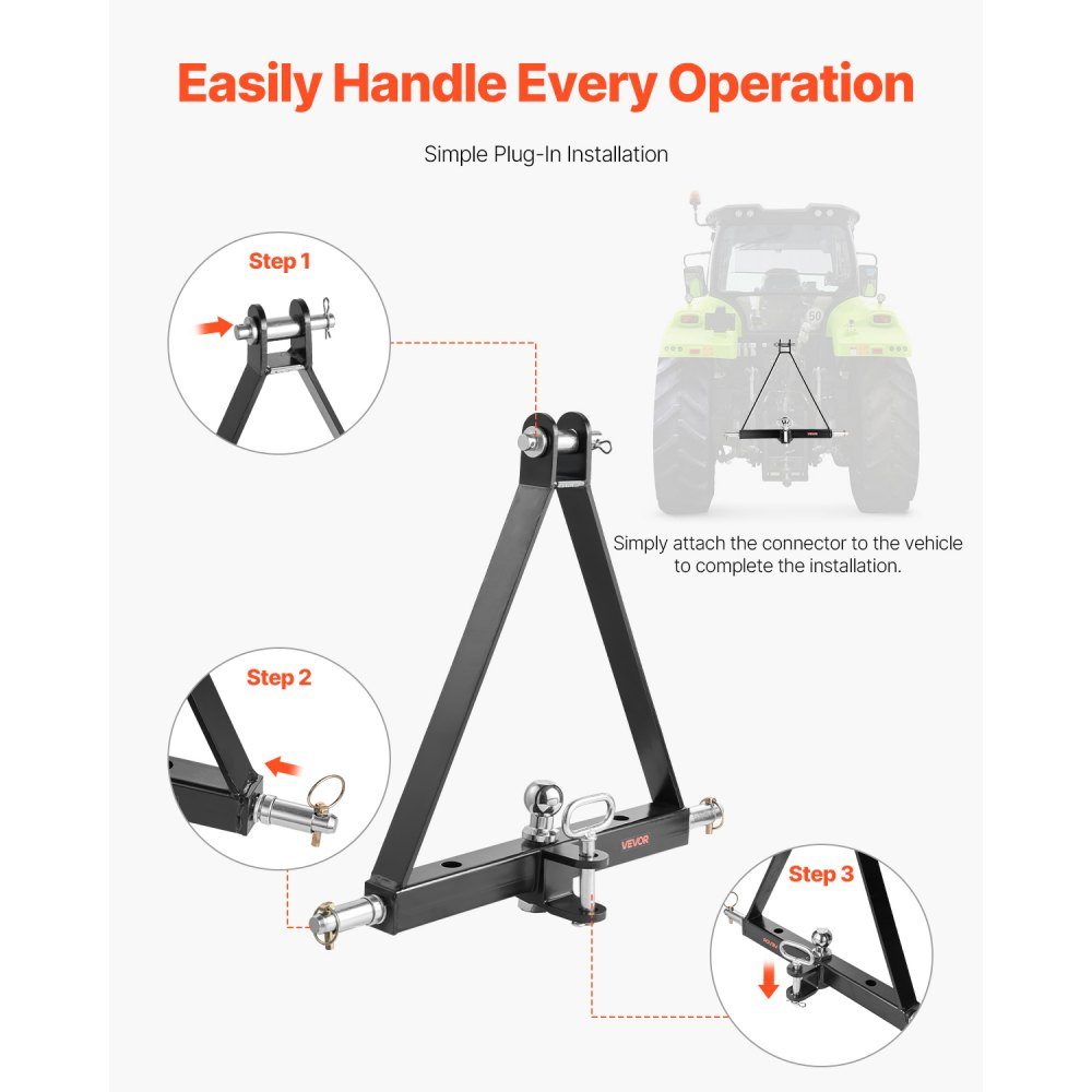 3 Point Tow Hitch with 1-7/8" Receiver 3 Point Mount 2721kg Tractor Tow Hitch Adapter Compatible with Kubota, Mahindra, John Deere, Massey Ferguson, 505x575x130mm – Part No. HT-22459