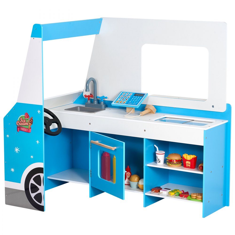 Chariot à glaces pour enfants, plus de 20 accessoires, glacier en bois avec volant et planche, scanner de paiement et congélateur, robinet et évier, adapté aux enfants de 3 à 7 ans, bleu