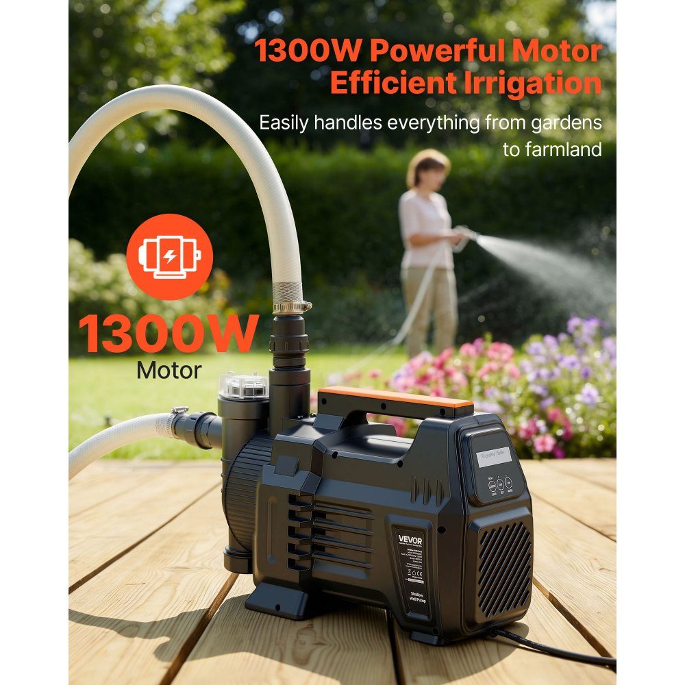 Gartenpumpe 1300 W, Bewässerungspumpe max. Förderleistung 4800 L/h, PP-Strahlpumpe, Saugpumpe mit 48 m Förderhöhe, intelligente elektronische Steuerung, für Gartenbewässerung und Rasensprinkler