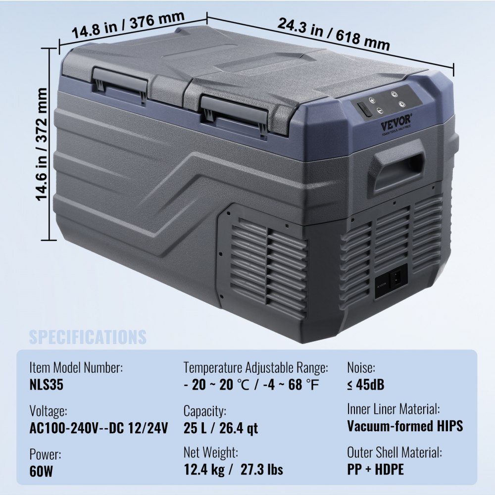 Car Refrigerator, 12V Car Fridge, Portable 25L Dual Zone Freezer, Adjustable Range from -4℉ to 68℉, 12/24V DC und 100-240V AC Compressor Cooler for Outdoor, Camping, RV