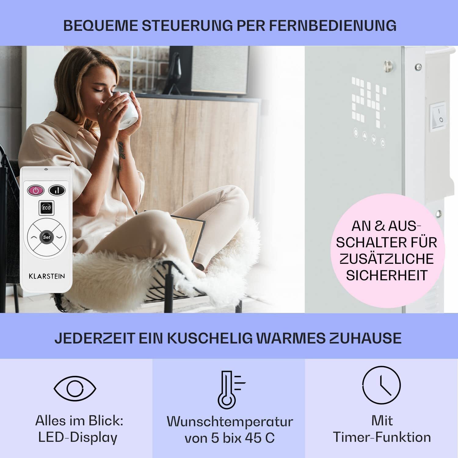 Klarstein Elektroheizung, Konvektorheizung mit Bodenrollen, mobile Elektroheizung, energiesparende, schlanke, leise Elektroheizung, freistehender Elektroheizkörper mit Thermostat, 2000 W