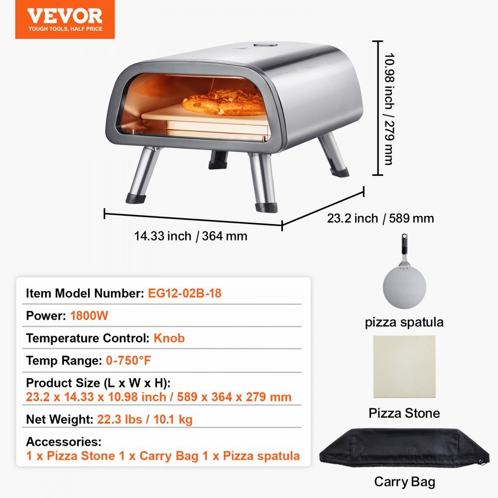 Elektrische pizzaoven, oven 305 mm, roestvrijstalen pizzamaker met pizzasteen, spatel, dubbele knop, verwarmt tot 427°C, multifunctionele pizzaoven voor het bakken van pretzels in een restaurant thuis