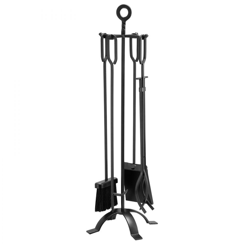 Kaminbesteck-Set, 5-teiliges Herdbesteck-Set, vierzackiger Ständer, Zange, Ascheschaufel, Bürste, Schürhaken, Kamin-Set, schmiedeeisernes Kaminzubehör für Lagerfeuer, Kamin, Schwarz