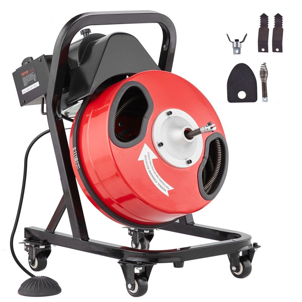 Rohrreinigungsmaschine 50 FT x 1/2 Zoll Manuelle Rohrreinigungsmaschine mit Rädern, 4 Schneidern und luftaktiviertem Fußschalter für 2 bis 4 Zoll Rohre