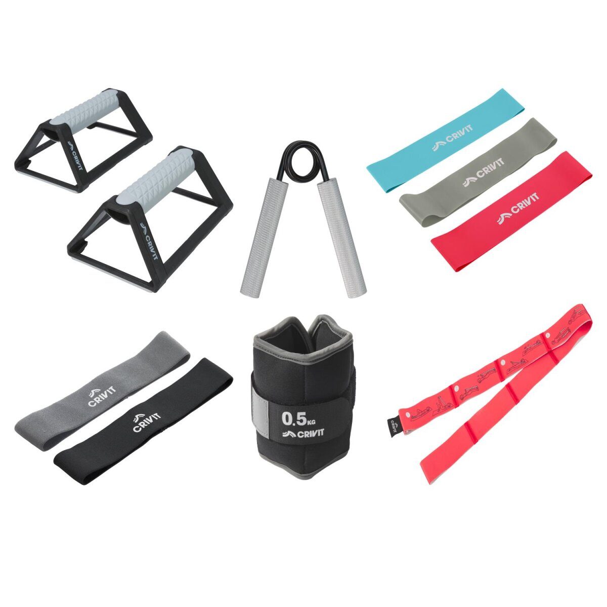 Stretch band / ankle weights 0.5 kg set of 2 / mini bands set of 3 / loop band / push-up handles set of 2 / hand trainer