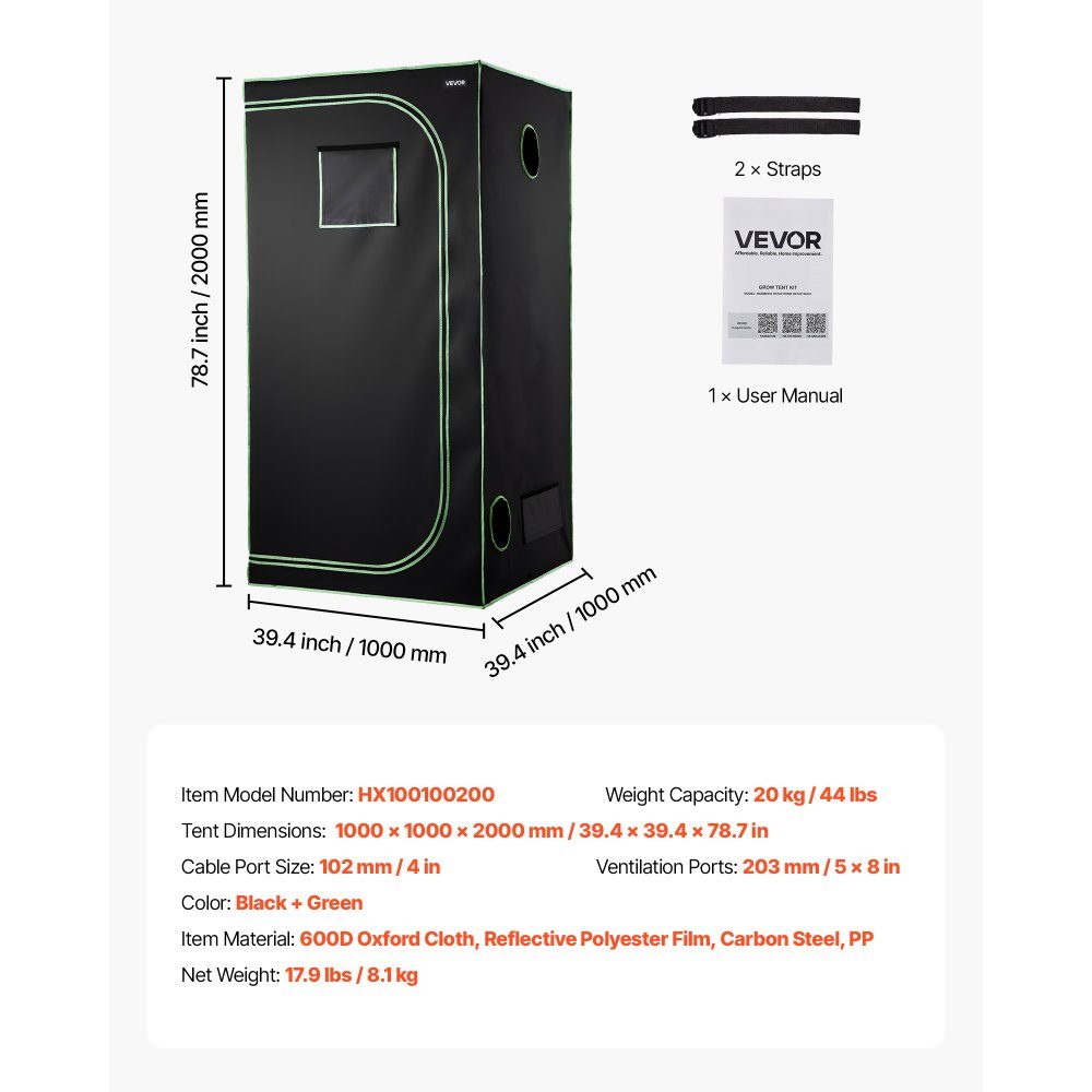 Grow Tent 100x100x200cm Grow Box 600D High Reflective Mylar Indoor Plant Tent with Observation Window, Floor Tray and Zipper, Greenhouse Grow Tents for Fruits, Flowers and Vegetables