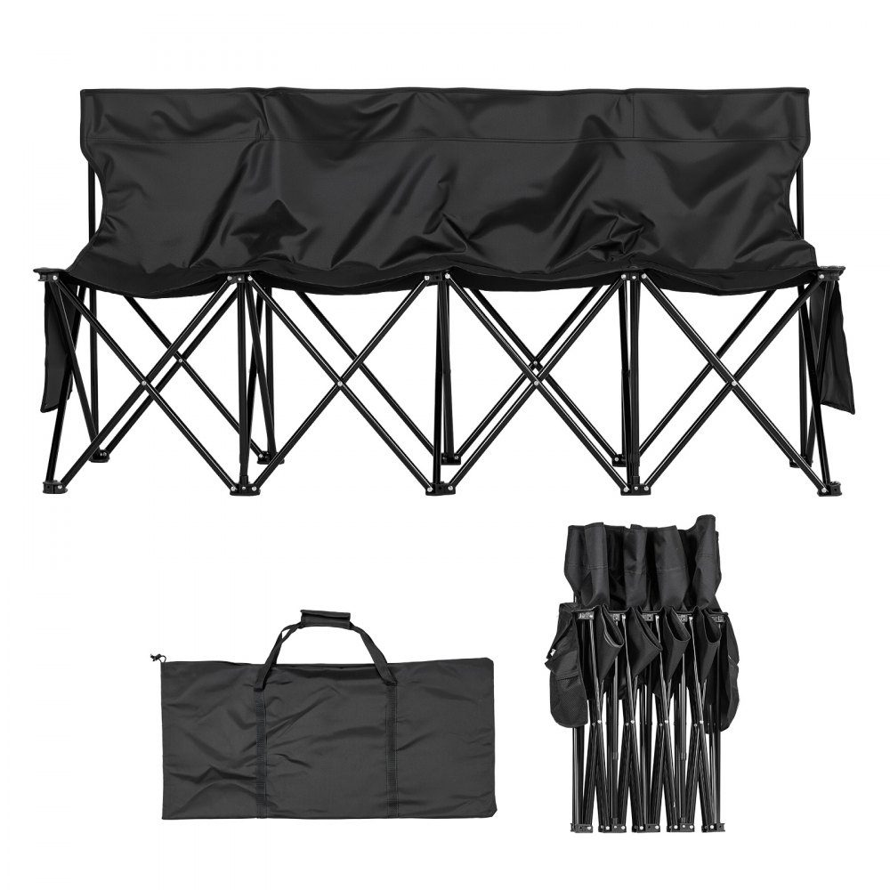 Portable Folding Camping Bench Bench (4 Person) with Side Pockets and Carry Bag Team Bench with Backrest Side Bench for Football Baseball Camping Outdoor Activities Black