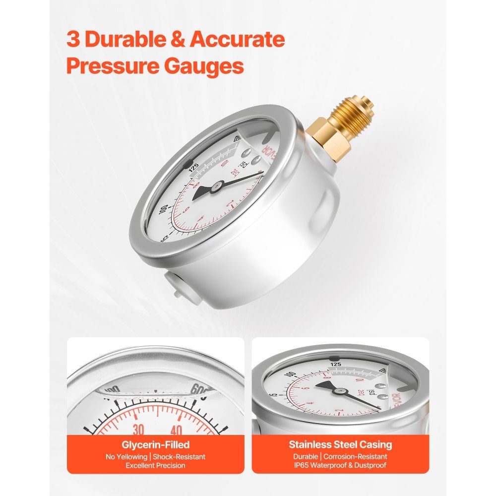 Hydraulic pressure test set 10 / 60 / 160 / 400 / 600 bar, hydraulic measuring device set including 5 measuring devices, 20 couplings, 4 quick couplings, 3 hoses for excavator construction machines