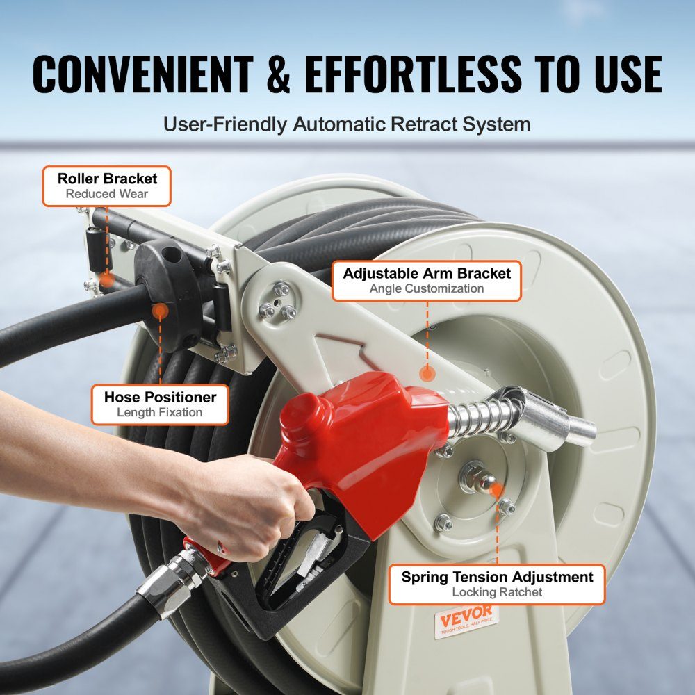 Fuel Hose Reel, Retractable Diesel Hose Reel, 3/4" x 60" Automatic Refueling Nozzle