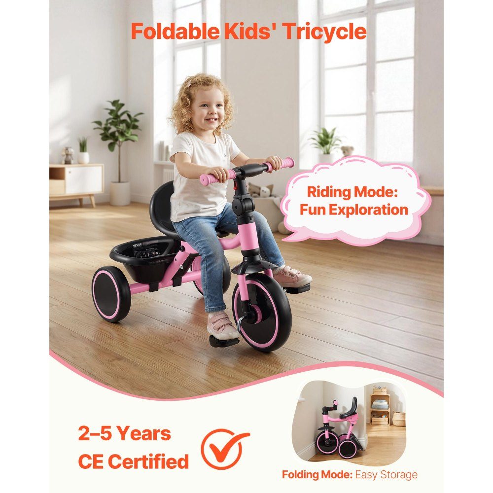 Dreirad für Kinder im Alter von 2 bis 5 Jahren, Laufrad mit verstellbarem Sitz, Aufbewahrungskorb und Rahmen aus Kohlenstoffstahl, zusammenklappbares Kinderdreirad mit Lenkergriffen, Geschenk für Jungen und Mädchen