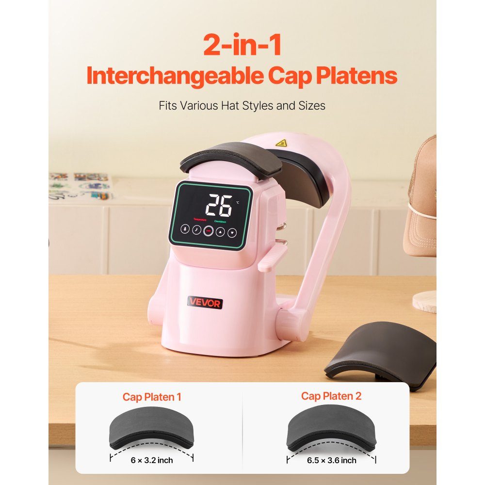 Automatic Hat Heat Press with 2 Interchangeable Plates, Auto Open and Release, Touch Screen for Time and Temperature Control, Heat Transfer Printing for Caps, Hats, Pink