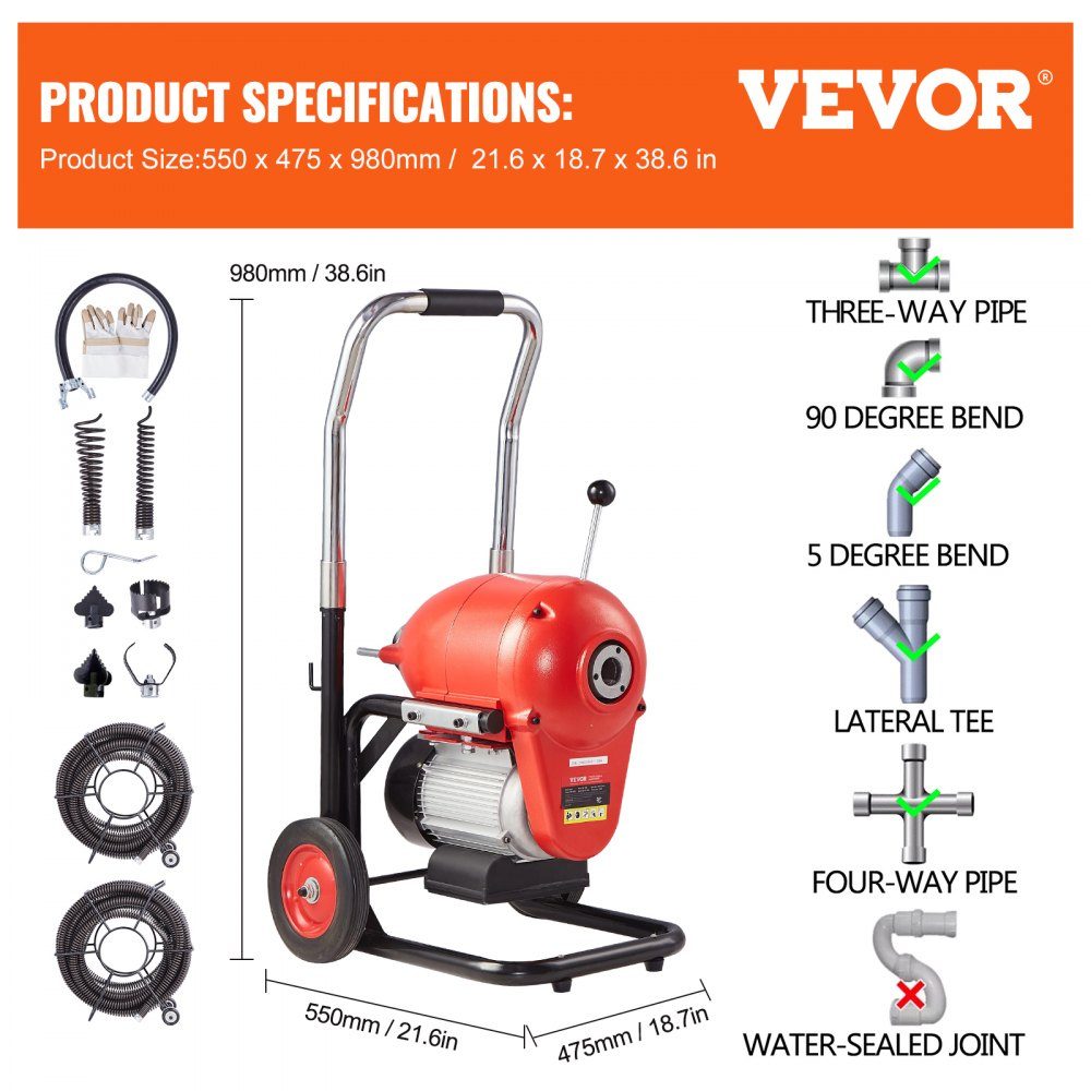 Pipe Cleaning Machine 120ft x 6/5in, 1100W Manual Feed Electric Pipe Cleaning Machine - with 6 Cutters and CW/CCW Control for 4" to 8" Pipes