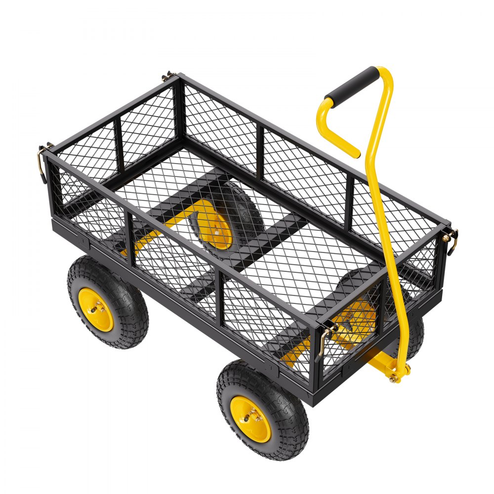 Handwagen 226,80 kg, transportwagen, tuinwagen, materiaalwagen, steekwagen met grote offroad-banden, afneembare zijpanelen van gaasmateriaal en 180° draaibare handgreep, geel/zwart Handwagen 226,80 kg, transportwagen, tuinwagen, materiaalwagen, steekwagen met grote offroad-banden, afneembare zijpanelen van gaasmateriaal en 180° draaibare handgreep, geel/zwart