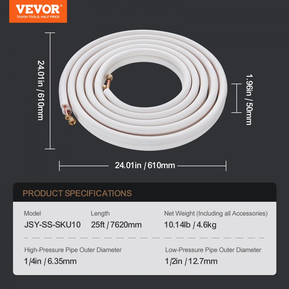 7620mm mini split line kit, 6.4 and 12.7mm OD, copper pipes and three-layer insulation, for air conditioning or heat pump equipment and HVAC with accessories 7620mm mini split line kit, 6.4 and 12.7mm OD, copper pipes and three-layer insulation, for air conditioning or heat pump equipment and HVAC with accessories