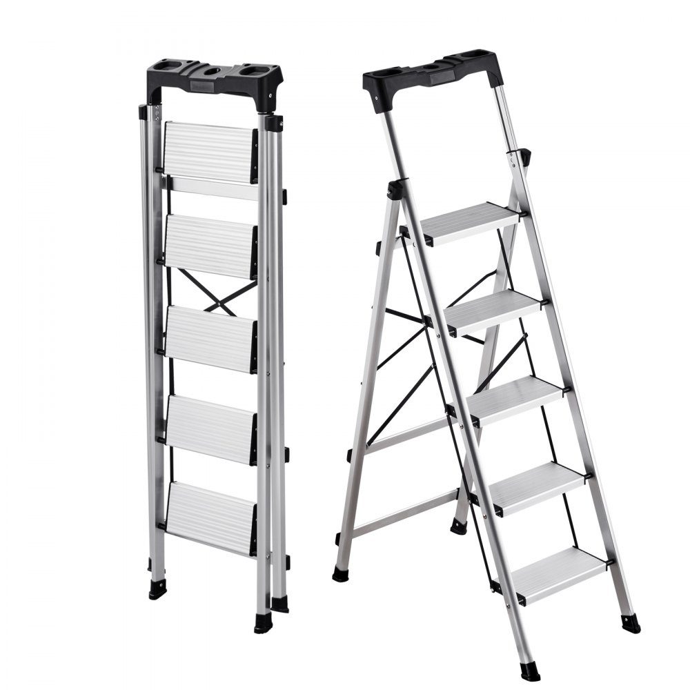 Trittleiter 5 Stufen, Klappleiter mit Anti-Rutsch-Stufen & komfortablem Griff, Haushaltsleiter Tragkraft 150 kg, Aluminium-Sicherheitsleiter für Küche, Lager, Zuhause & Büro, Silber