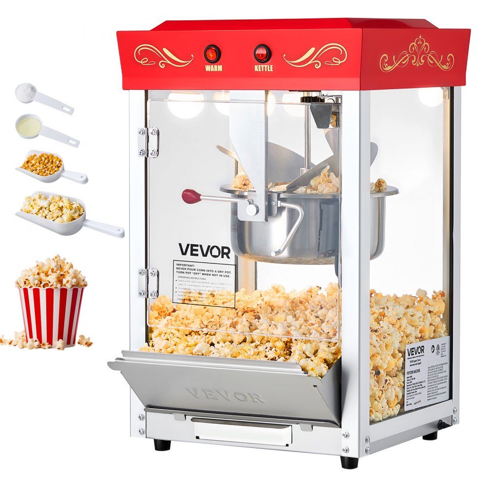 Popcorn Machine with Stainless Steel Boiler, 800W Commercial Popcorn Machine, 48 Cups per Load, Cinema Style, with 2 Button Control, Glass Wall, PC Door, 1 Scoop, 3 Spoons, Red