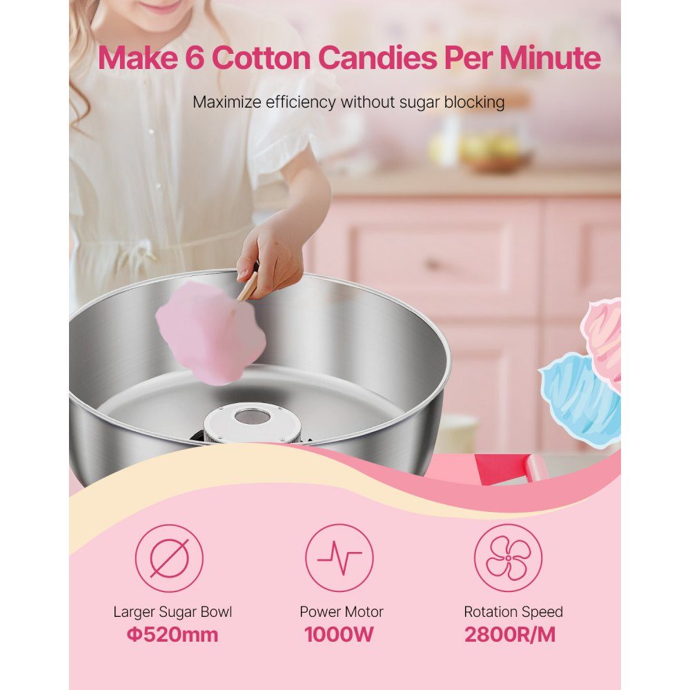 Machine à barbe à papa électrique, machine à barbe à papa commerciale avec chariot (1000 W), avec bol en acier inoxydable de 52 cm, cuillère à sucre et tiroir, parfaite pour les anniversaires d'enfants, les réunions de famille, rose