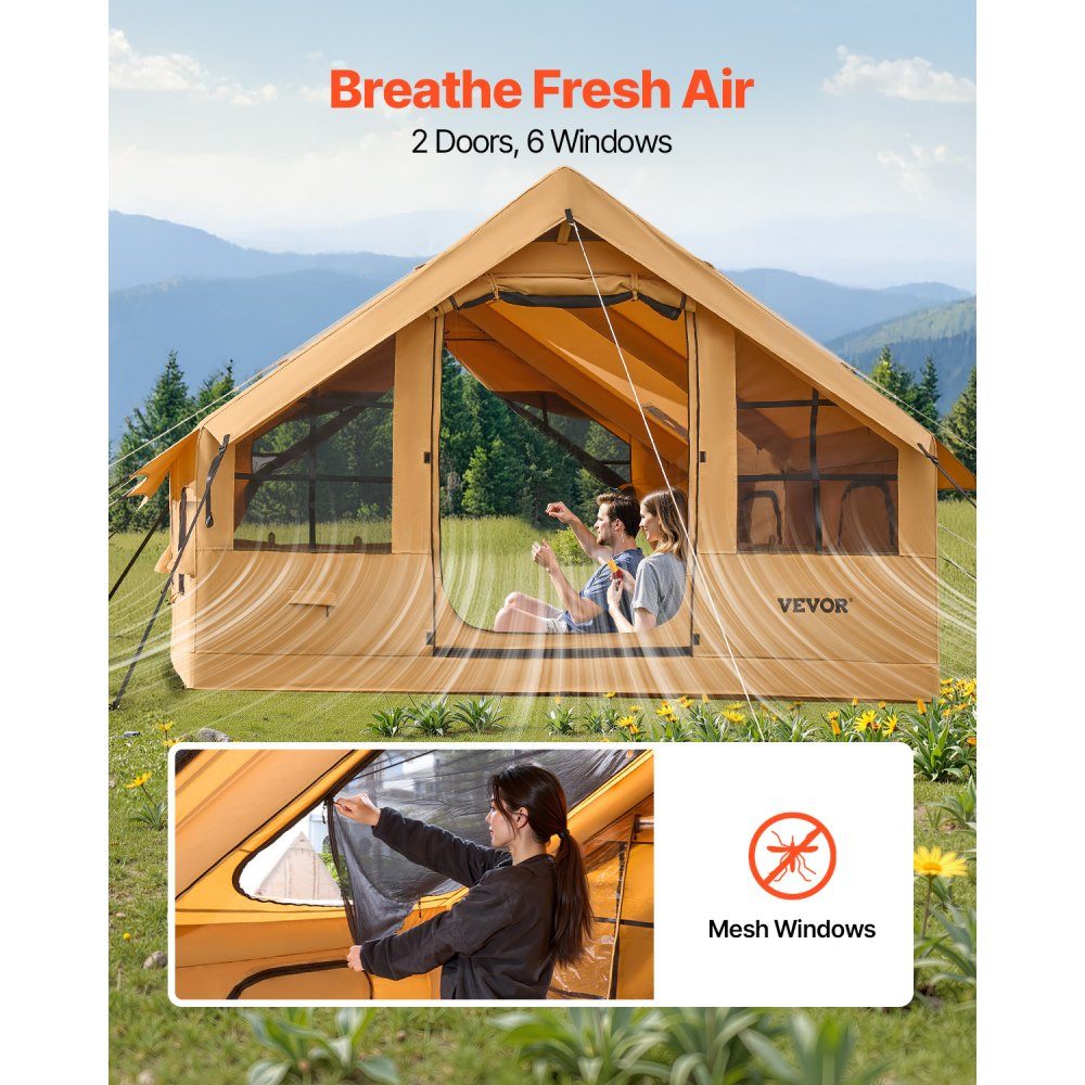 Aufblasbares Zelt für Camping, Zelt für 5–8 Personen mit Handpumpe, 4 x 3 x 2,2 m großes Glamping-Zelt mit 2 Oberlichtern, Vordach, Herdanschluss, 2 Türen, Netzfenstern und Aufbewahrungstasche