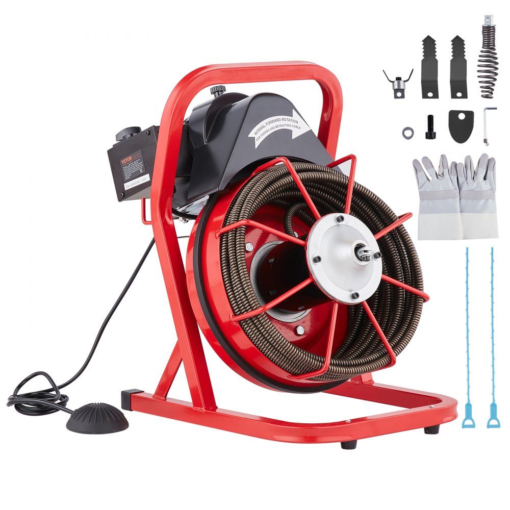 Rohrreinigungsmaschine 50 FT x 1/2 Zoll, Kanalspirale mit manueller Zufuhr, 250 W elektrische Rohrreinigungsmaschine mit 4 Schneidern und luftaktiviertem Fußschalter für 2" bis 4" Rohre