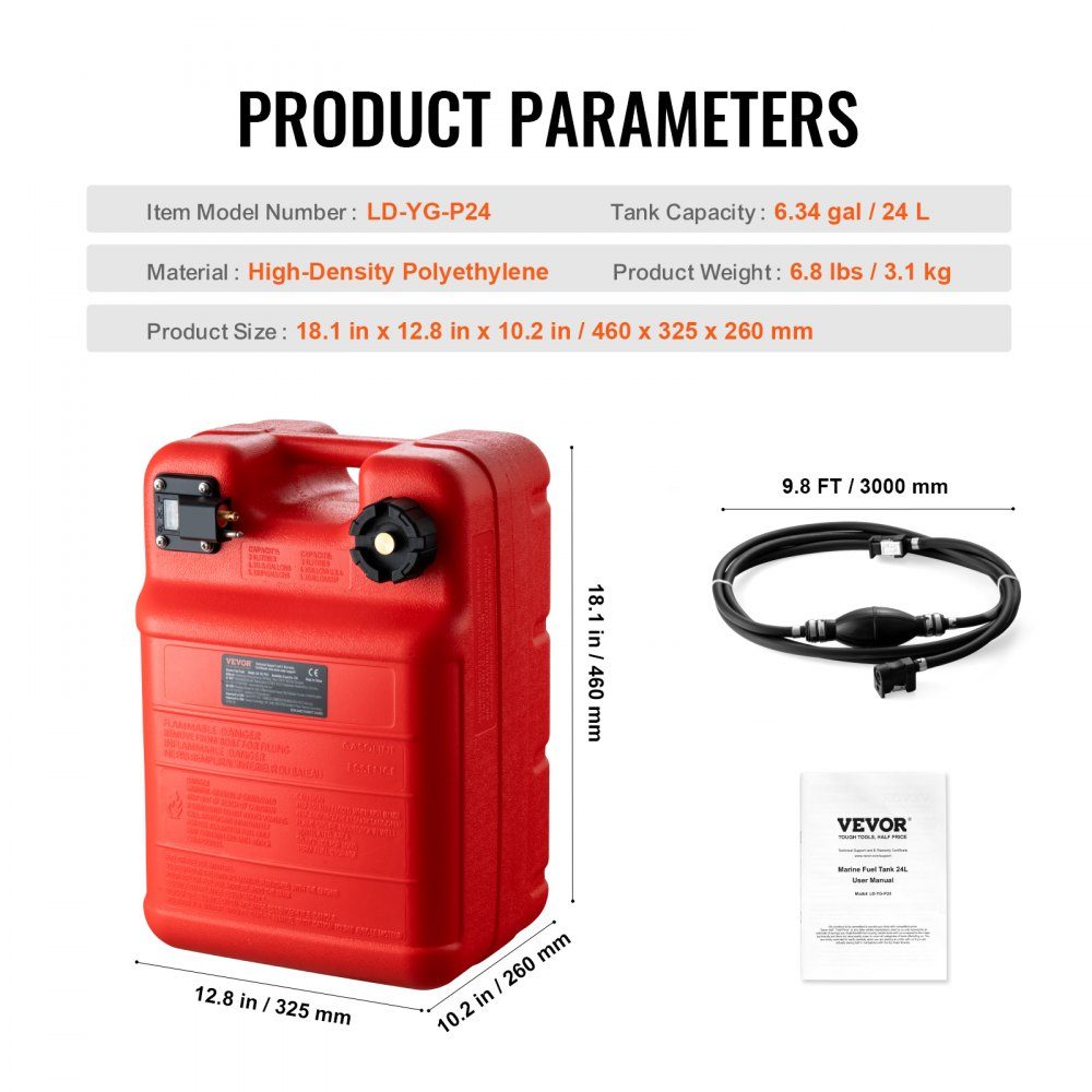 Marine Fuel Tank 24L Portable Outboard Motorboat Tank Plastic Outboard Marine Boat Fuel Tank with Hose Easy to Carry for Yacht Fishing Boat Deck Boat Red
