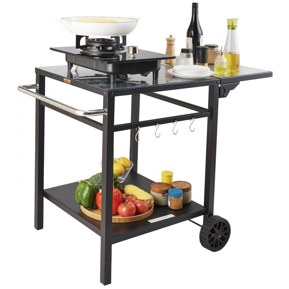Servierwagen, Küchenwagen, 97,2 x 64 x 75,5 cm, Outdoor-Grill-Esswagen mit doppelter Ablage, beweglicher Grilltisch für die Zubereitung von Speisen, multifunktionale Tischplatte aus schwarzem Eisen